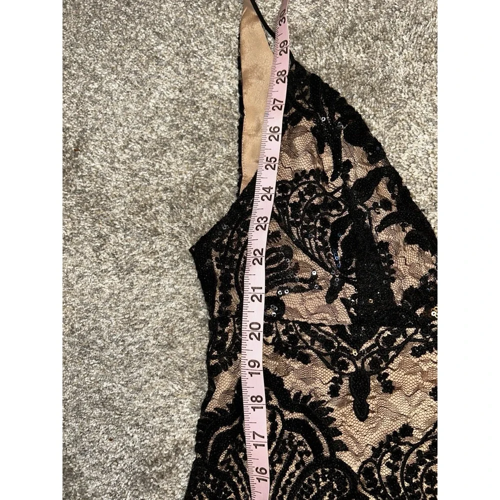 Free People Night Shimmer Mini Dress Plunge Black‎ Sequin Lace Nude Slip Party 2